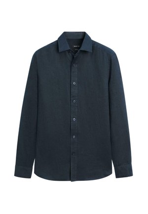 Dunkelmarineblaues, langärmliges Hemd mit Knopfleiste, Kragen, geknöpften Manschetten und glattem Stoff, präsentiert auf weißem Hintergrund.