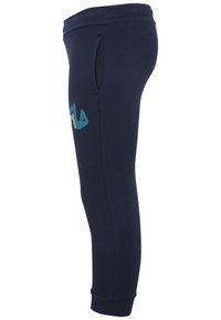 Pantaloni jogger blu navy realizzati in materiale morbido, caratterizzati da un elastico in vita, tasca laterale e un logo contrastante in turchese sulla coscia sinistra.