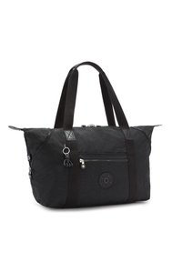 Borsa a spalla in tessuto nero con doppio manico, chiusura con cerniera, tasca frontale e una patch con logo rotondo. Presenta un aspetto testurizzato e stropicciato.