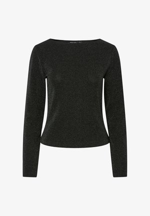 Haut noir à manches longues avec un design ajusté, doté d'un tissu texturé avec un subtil éclat et d'un col bateau.