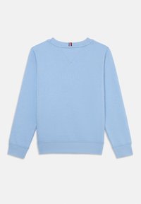 Hellblaues Sweatshirt aus Baumwolle mit einem gerippten Rundhalsausschnitt, langen Ärmeln und einer rechteckigen Form, die auf der Rückseite ein V-förmiges Detail aufweist.