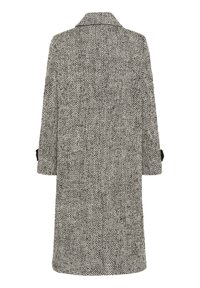 Motif pied-de-coq sur un manteau gris et noir, avec un col cranté et des manches trois-quarts à revers.