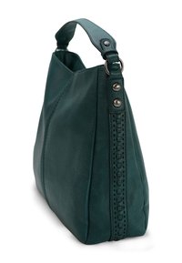 Teal leren handtas met een gestructureerde vorm, een kort handvat en decoratieve stiksels langs de zijkant met ronde hardware-accenten.