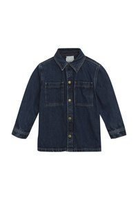 Mörk denimjacka med krage, långa ärmar och två framfickor. Har mässingsknappar och kontrasterande sömmar.