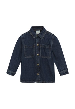 Manteau en denim foncé avec un col, des manches longues et deux poches frontales. Comprend des boutons en laiton et des coutures contrastantes.