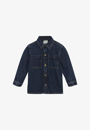 Donkerdenim jack met een kraag, lange mouwen en twee voorzakken. Voorzien van messing knopen en contrasterende stiksels.