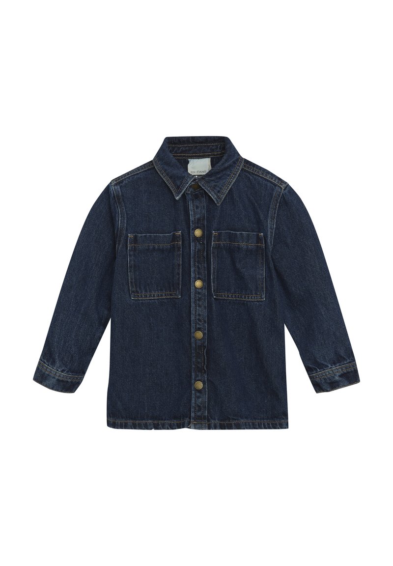 Mörk denimjacka med krage, långa ärmar och två framfickor. Har mässingsknappar och kontrasterande sömmar.