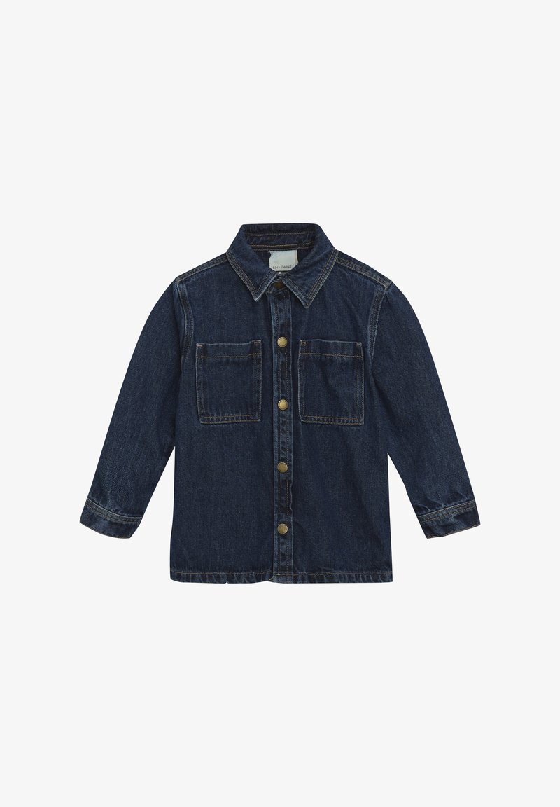 Mörk denimjacka med krage, långa ärmar och två framfickor. Har mässingsknappar och kontrasterande sömmar.