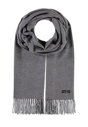 Gråt uld tørklæde med frynser i enderne og et lille sort mærke på den ene side mod en hvid baggrund.