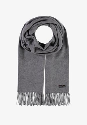 Écharpe en laine grise avec des extrémités à franges et une petite étiquette de marque noire sur un côté, sur fond blanc.