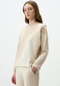 Felpa beige con maniche lunghe, scollo rotondo e un design strutturato con una cucitura diagonale sul davanti.