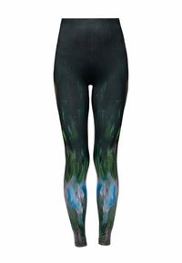 Hoge taille leggings van een rekbaar materiaal, met een zwarte basis en abstracte groene en blauwe verfachtige patronen overal.