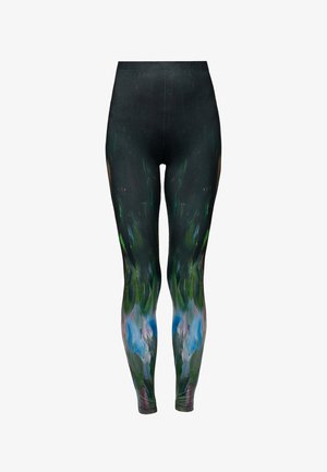 Leggings de cintura alta en una tela elástica, con una base negra y patrones abstractos en tonos verdes y azules que parecen pintura.