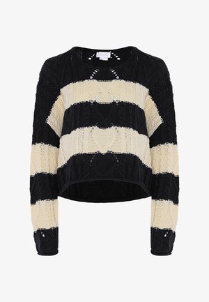Czarny i kremowy sweter o cropped długości w paski, z dzianiny, z okrągłym dekoltem i wzorzystym splotem, z dodatkowymi detalami akcentującymi.
