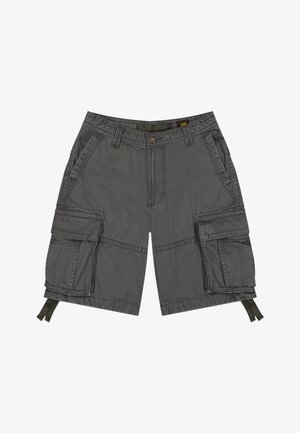 Harmaat cargo-housut, joissa edessä nappi, vyölenkit, sivutaskut ja suuret läppätaskut jokaisessa lahkeessa säädettävin hihnoin.