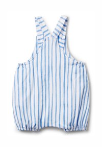 Mono a rayas hecho de una tela ligera con rayas verticales azules y blancas, tirantes ajustables y piernas elásticas.