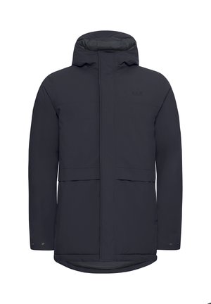 Donkerblauwe gewatteerde parka met een rechte snit, gestructureerde stof, verborgen voorkruiszakken en drukknoopdetails bij de manchetten.