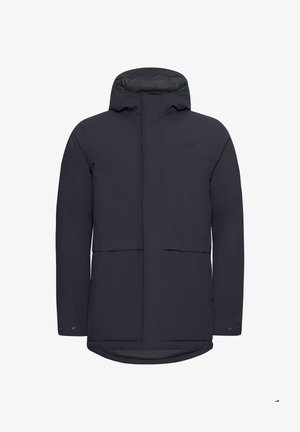 Donkerblauwe gewatteerde parka met een rechte snit, gestructureerde stof, verborgen voorkruiszakken en drukknoopdetails bij de manchetten.