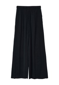 Pantalons larges noirs avec une taille élastique, fabriqués dans un tissu léger avec une finition texturée et des poches latérales.