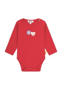 Red long-sleeve baby bodysuit made of soft cotton. Features embroidered bear and logo patches. Snap closure at the bottom for easy dressing.