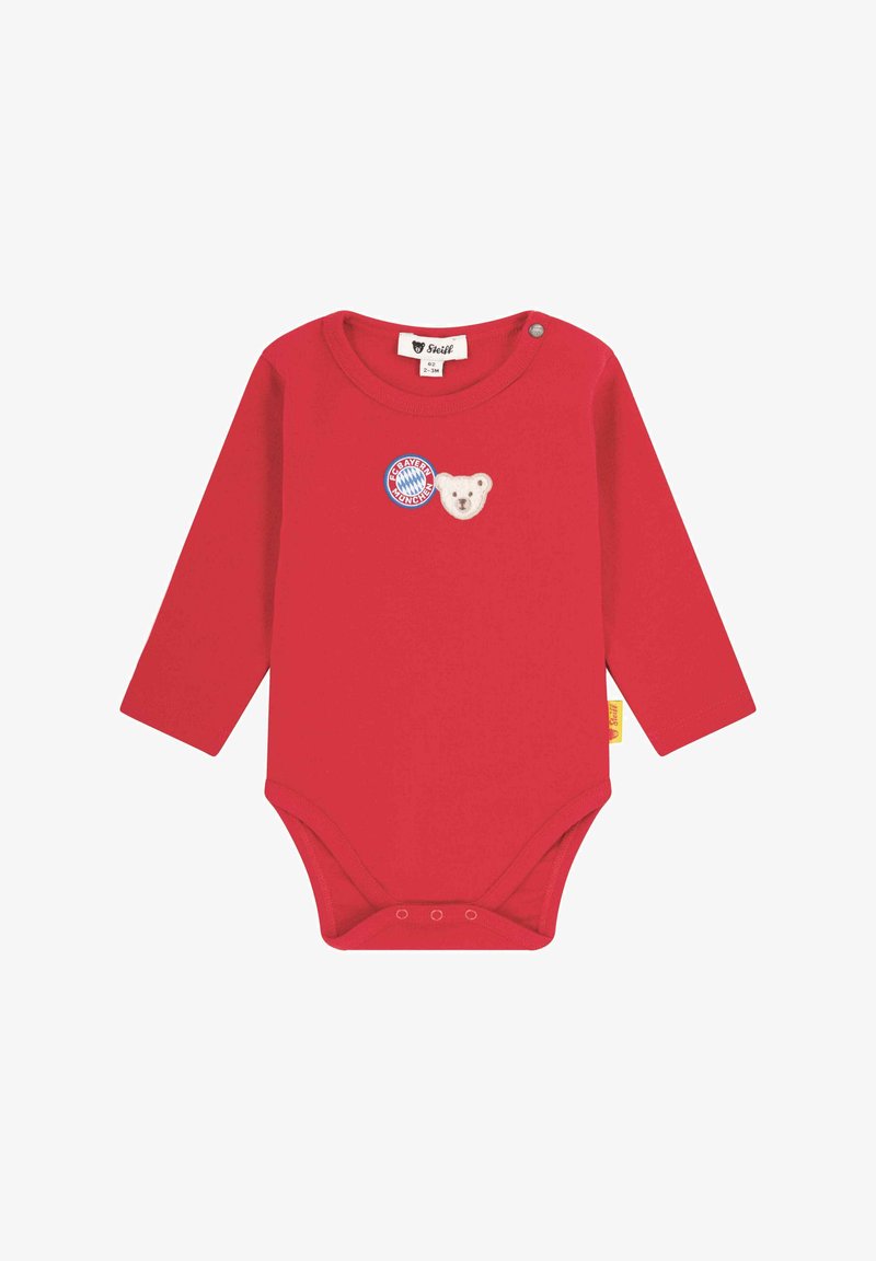 Red long-sleeve baby bodysuit made of soft cotton. Features embroidered bear and logo patches. Snap closure at the bottom for easy dressing.