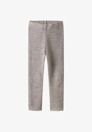 Leggings gris en tissu texturé avec des genouillères et un ourlet festonné. Présente une finition douce et une coupe ajustée.