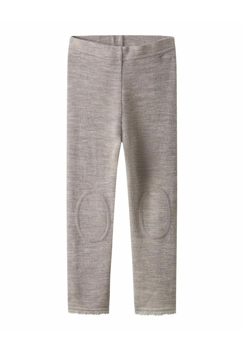 Grå leggings tillverkade av strukturerad tyg med knäpatchar och scalloped nederkant. Har en mjuk yta och figurnära design.