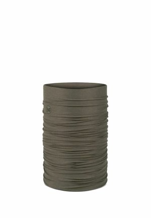 Olive green seamless tubular neck gaiter with subtle texture and small round logo on side against white background.