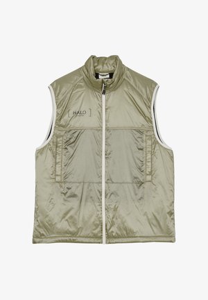 Jasnozielona bezrękawnik pikowany z zamkiem błyskawicznym z przodu, wysokim kołnierzem, kieszeniami po bokach i logo "HALO" na lewej stronie klatki piersiowej.