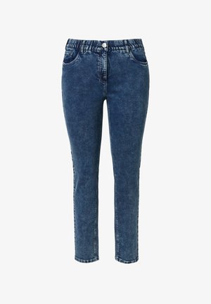 Jeans in denim blu scuro con vestibilità slim, vita elasticizzata, cinque tasche e cuciture dettagliate. Texture liscia e finitura leggermente sbiadita.