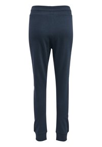 Marinblå bomullssweatpants med ribbad midja och mudd, med en slät yta och en tajt design. Inga synliga logotyper eller mönster.