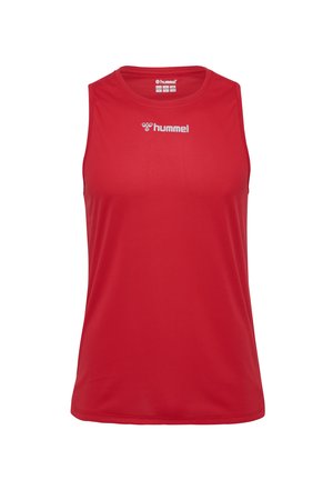 Rød ærmeløs sportstanktop lavet af fugttransporterende stof, med et tonalt logo foran og en klassisk rund hals design.