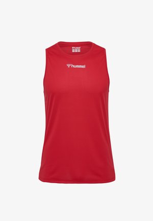 Rotes ärmelloses Sport-Tanktop aus feuchtigkeitsableitendem Material, mit einem tonalen Logo auf der Vorderseite und einem klassischen Rundhalsausschnitt.