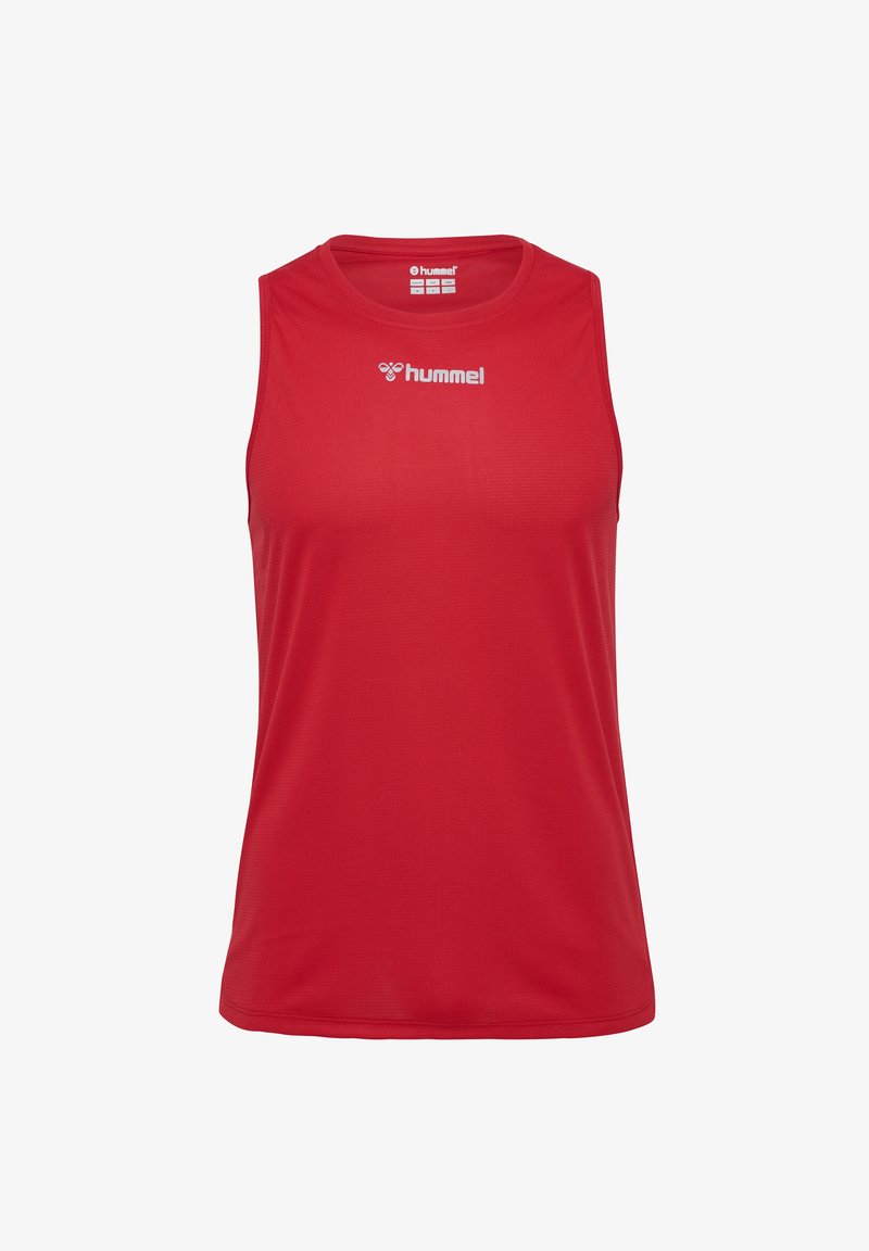 Rød ærmeløs sportstanktop lavet af fugttransporterende stof, med et tonalt logo foran og en klassisk rund hals design.