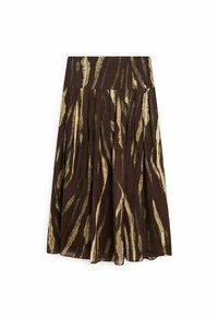 Bruine plissé rok met een gouden abstracte streepstructuur. Lichtgewicht stof, middelhoge lengte, platte tailleband voor comfort.
