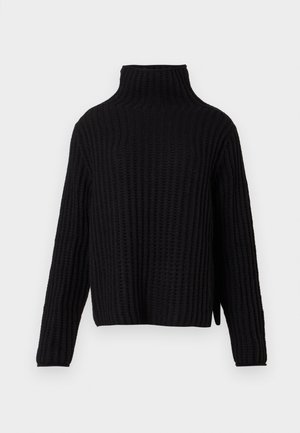 Maglione lungo a maniche lunghe nero a coste con alto collo a imbuto e vestibilità leggermente ampia.