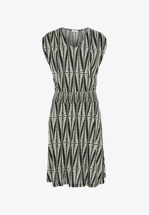 Schwarz-weiß gemustertes Kleid mit V-Ausschnitt, kurzen Ärmeln, elastischem Taillengummi und einem fließenden Saum, das ein farnähnliches Design aufweist.