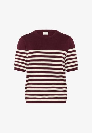 Burgundy and cream striped knit top with short sleeves, crew neck, and a soft texture, featuring evenly spaced horizontal stripes.