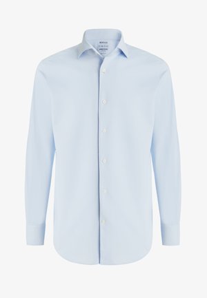 Svetlo modra srajca z dolgimi rokavi, izdelana iz gladkega blaga, z izostrenim ovratnikom, gumbom spredaj in zaobljenim robom. Brez vzorcev ali dodatkov.