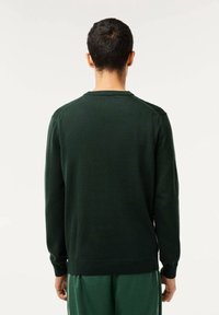 Dunkelgrüner Pullover mit langen Ärmeln, geripptem Saum am Ausschnitt und Bund, mit glatter, weicher Textur und einfachem Design.