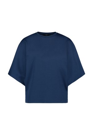Oversized T-shirt i mørkeblå med korte, brede ærmer og rund halsudskæring.