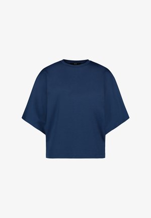 Granatowy, oversize'owy T-shirt z krótkimi, szerokimi rękawami i okrągłym dekoltem.