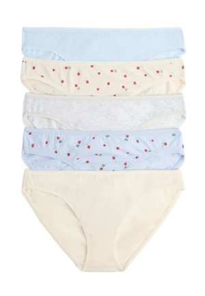 Fem par bomuldsundertøj til kvinder i pastelfarver, herunder ensfarvet lyseblå, beige, grå og to med små røde blomsterprint.