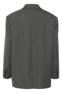 Šedý blazer z textúrovanej látky, s klopovým golierom, jedným rozventilovaným chrbtom a manžetami na päť gombíkov s čiernymi gombíkmi.