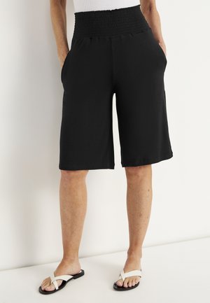 Persoon draagt zwarte knielange shorts met een brede elastische tailleband en handen in de zijzakken, gecombineerd met witte sandalen.