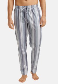 Gestreepte pyjamabroek in lichtblauw, grijs en witte katoenmix. Beschikt over een elastische tailleband met een trekkoord en knoopsluiting.