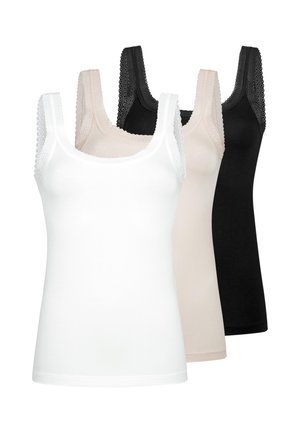 Trois hauts sans manches pour femmes en blanc, beige et noir avec un bord en dentelle sur les bretelles et le décolleté, disposés en rangée.