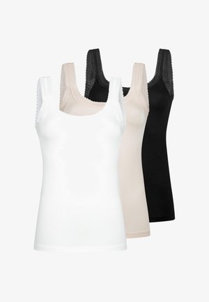 Trois hauts sans manches pour femmes en blanc, beige et noir avec un bord en dentelle sur les bretelles et le décolleté, disposés en rangée.