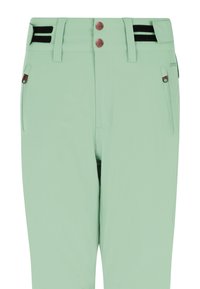 Lichtgroene broek gemaakt van soepel materiaal, met twee voorzakken met ritsen, twee metalen knopen en zwarte accenten op de tailleband.