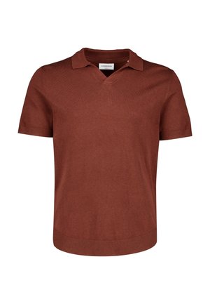 Heren polo met korte mouwen, bruin gebreid, met een zachte kraag en geribde zoom en manchetten.